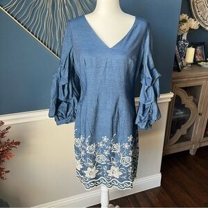 NWOT Blue Ruffle Sleeve Dress with White Embroidery